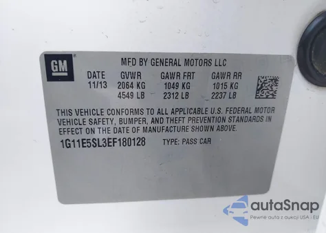 2014 Chevrolet Malibu Lt из США, поврежденный, VIN 1G11E5SL3EF180128